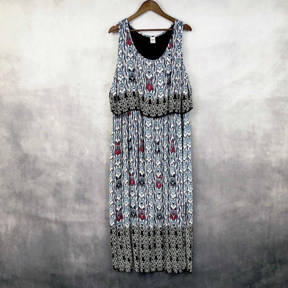 bila Women's Maxi Dress Geometric Print Sleeveless Layered Ruffle Blue White XXL